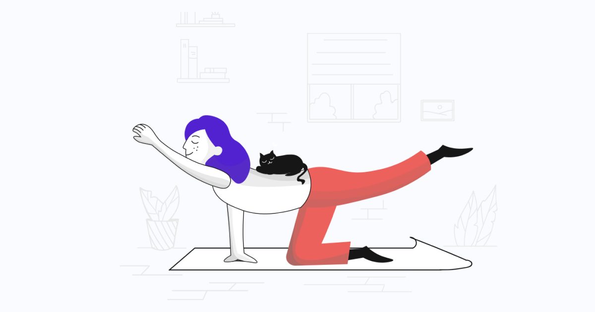 Get calm: enjoy the graphic set for the Yoga And Meditation day. Woman doing yoga with a cat