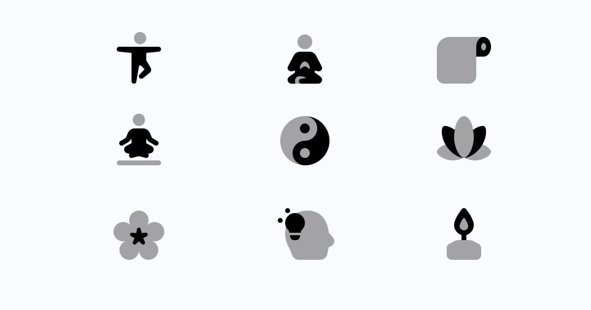 Get calm: enjoy the graphic set for the Yoga And Meditation day: Yoga and Meditation icons in the Plumpy style
