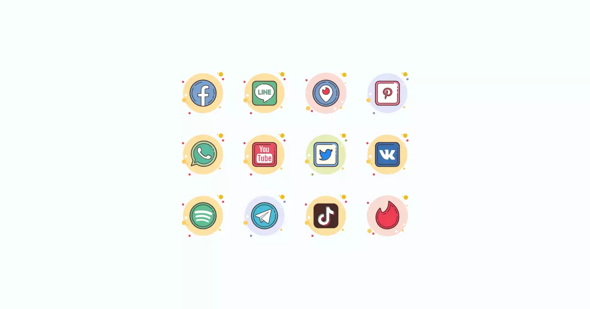 Like, Share, Repost: an ultimate bundle of eye-catching graphics for Social Media Day: icons set in  Circle Bubbles style on light blue background
