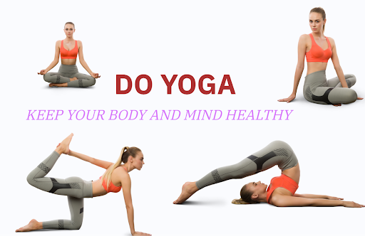 Get calm: enjoy the graphic set for the Yoga And Meditation day. Sporty young woman doing yoga 4 variants