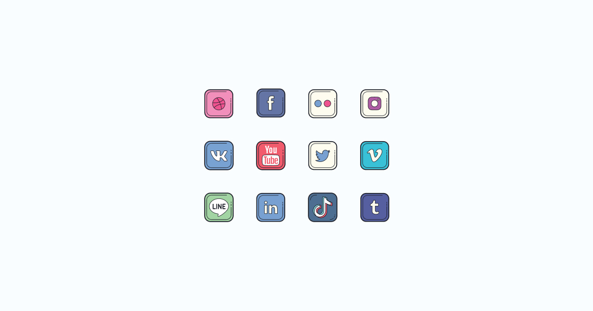 Like, Share, Repost: an ultimate bundle of eye-catching graphics for Social Media Day: icons set in Color Hand Drawn style on light blue background