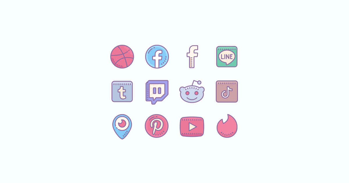 Like, Share, Repost: an ultimate bundle of eye-catching graphics for Social Media Day: icons set in Cute Color style on light blue background