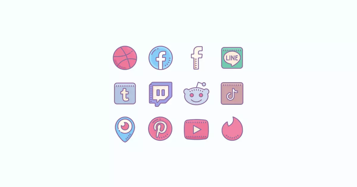 Like, Share, Repost: an ultimate bundle of eye-catching graphics for Social Media Day: icons set in Cute Color style on light blue background