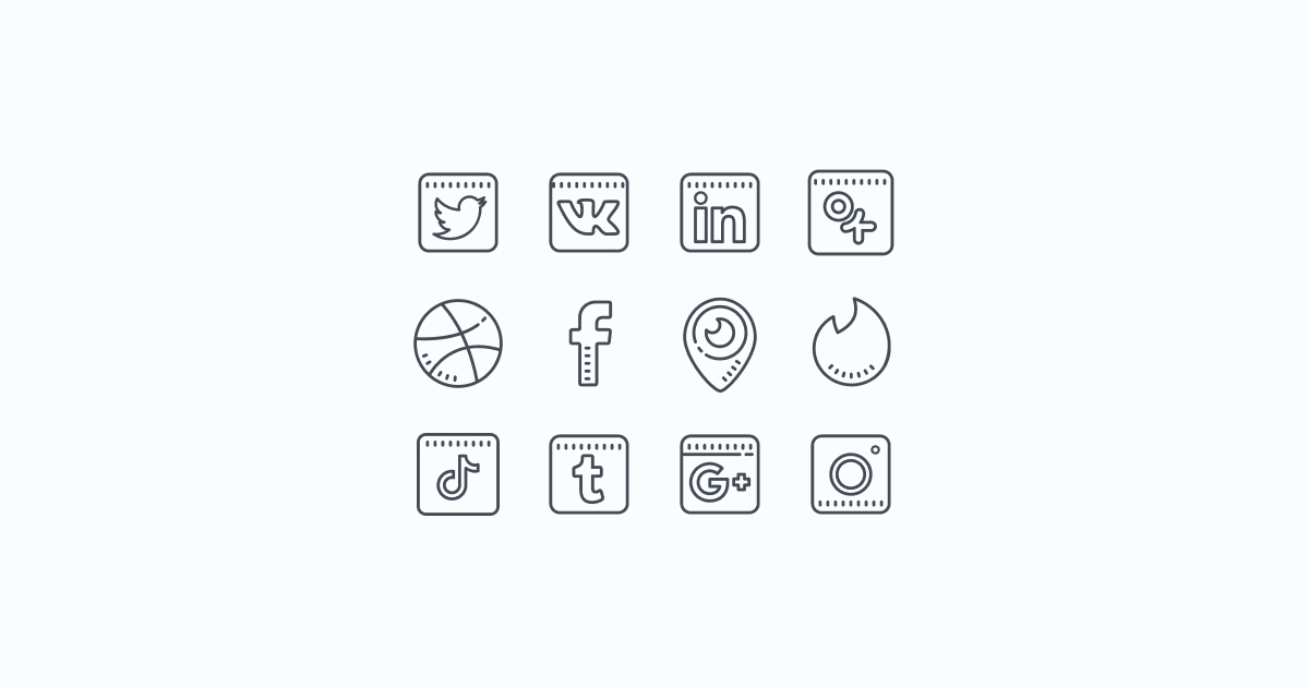 Like, Share, Repost: an ultimate bundle of eye-catching graphics for Social Media Day: icons set in Cute Outline style on light blue background