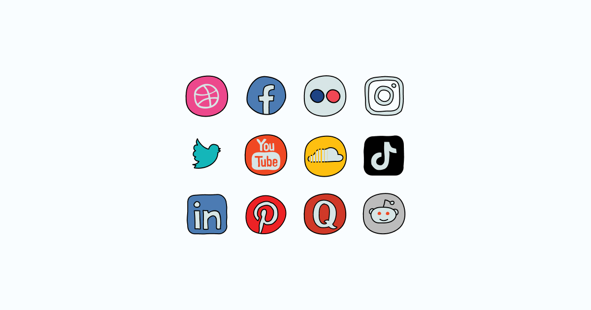 Like, Share, Repost: an ultimate bundle of eye-catching graphics for Social Media Day: icons set in Doodle style on light blue background