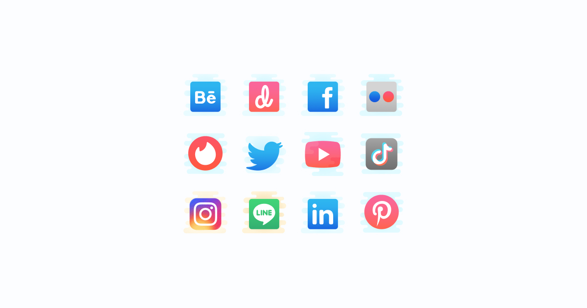 Like, Share, Repost: an ultimate bundle of eye-catching graphics for Social Media Day: icons set in Pastel Glyph style on light grey background