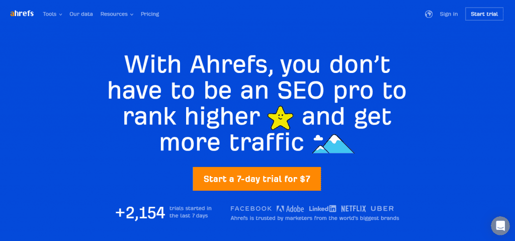 What SEO metrics a UX designer should focus on: An Ahrefs CTA advertises SEO services and reads, “start a 7-day trial for $7.”