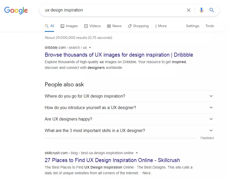 What SEO metrics a UX designer should focus on: A Google search query on “SEO tactics for internal links.”: A Google search on UX design inspiration.