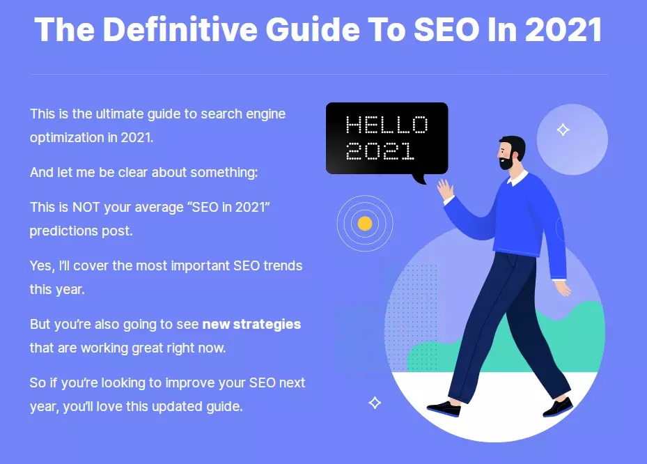 What SEO metrics a UX designer should focus on: An article introduction that reads “the definitive guide to SEO in 2021” over the icon of a person who says “hello 2021”.