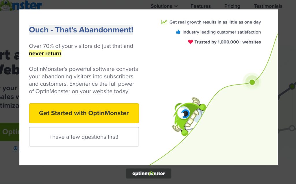 : What SEO metrics a UX designer should focus onA popup prompting visitors not to leave a website, reading “ouch – that’s abandonment!” next to a smiling green monster.