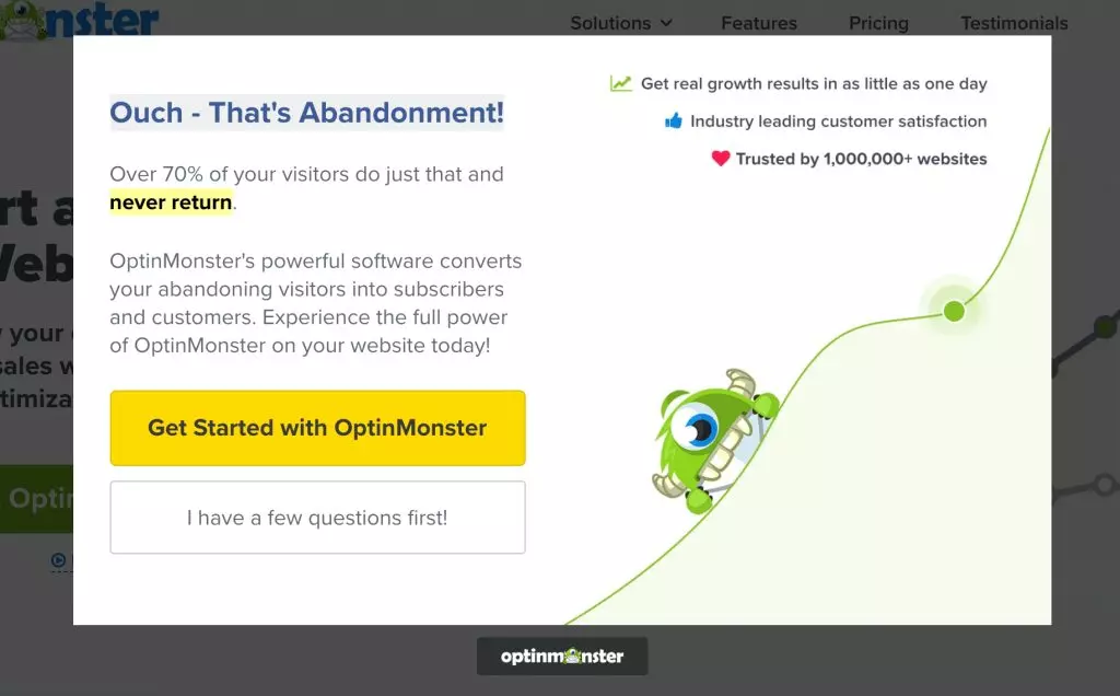 : What SEO metrics a UX designer should focus onA popup prompting visitors not to leave a website, reading “ouch – that’s abandonment!” next to a smiling green monster.