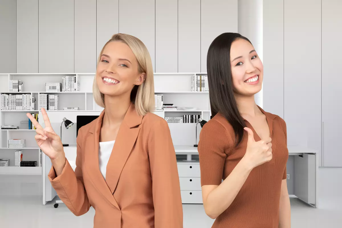 Things I Learned About Language Usage in Multilingual UI Design: collage European and Asian girls in office