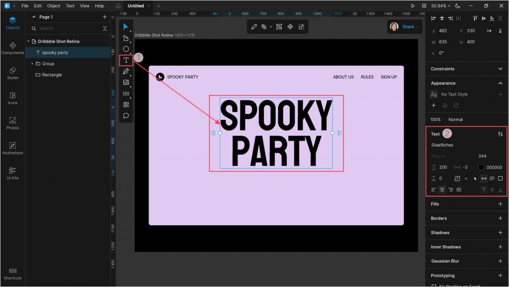 Designing a Halloween landing page with 3D illustrations: Create another text block at the center of the page. I used the Staatliches font from Google fonts, size 244px, align center, upper case.
