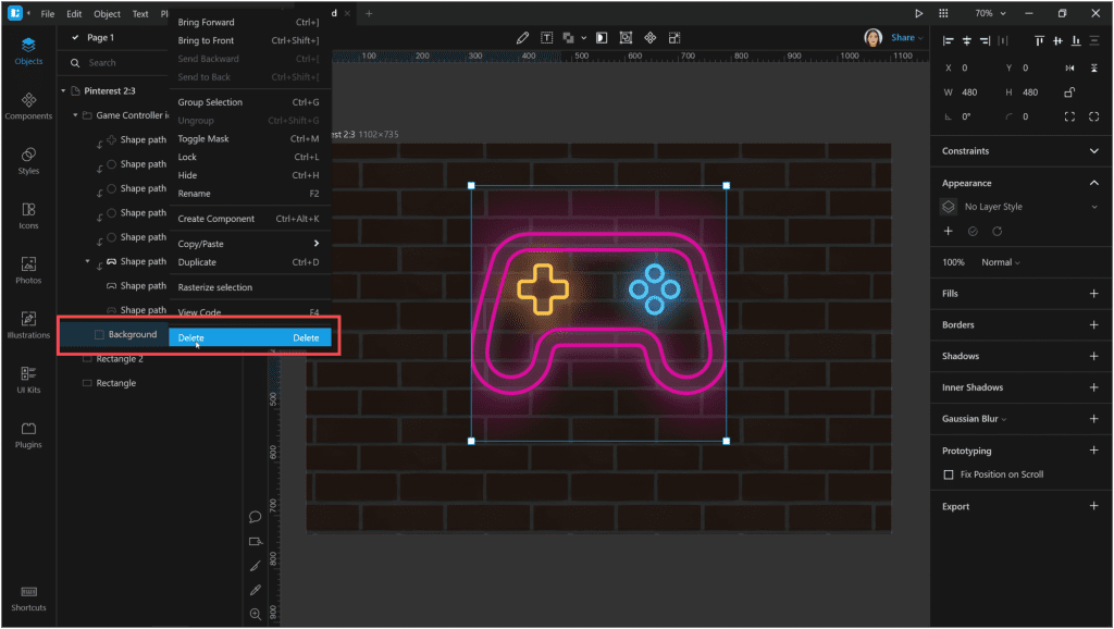 How to create a neon effect in Lunacy: Now let’s remove the background that bounds our shadows.