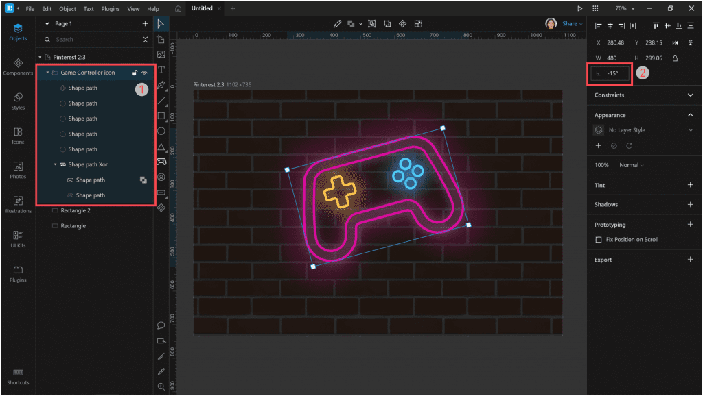How to create a neon effect in Lunacy: Let’s rotate our controller a little