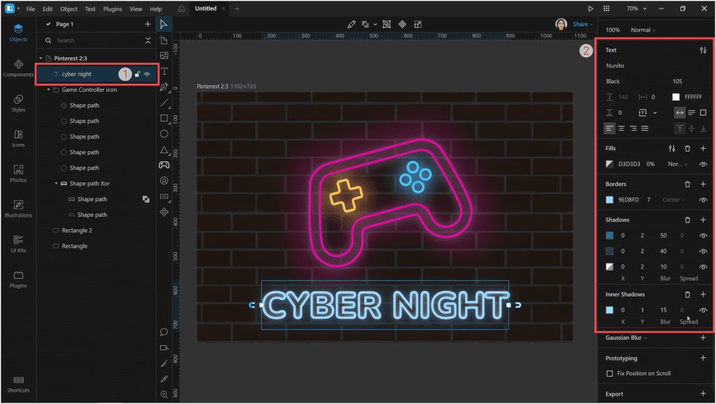 How to create a neon effect in Lunacy: add a border with the color #9ED8FD and thickness 7