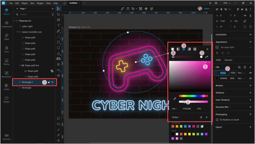 How to create a neon effect in Lunacy: add a glow under our objects