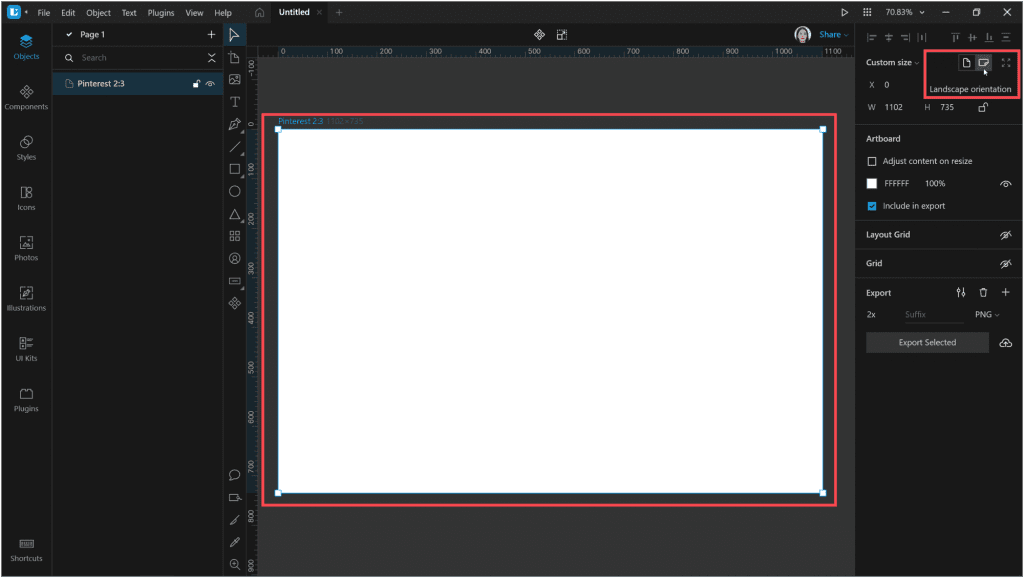 How to create a neon effect in Lunacy: Change the orientation of the artboard to Landscape