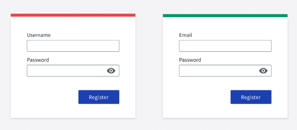 A screenshot of two forms: one with the username field, the other with the email field