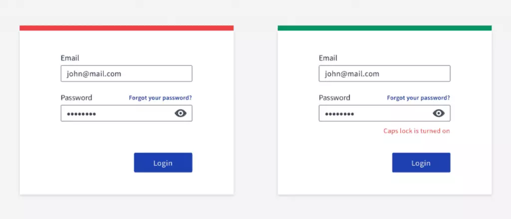 A screenshot of two forms: the right one shows the caps lock alert, the one on the left does not