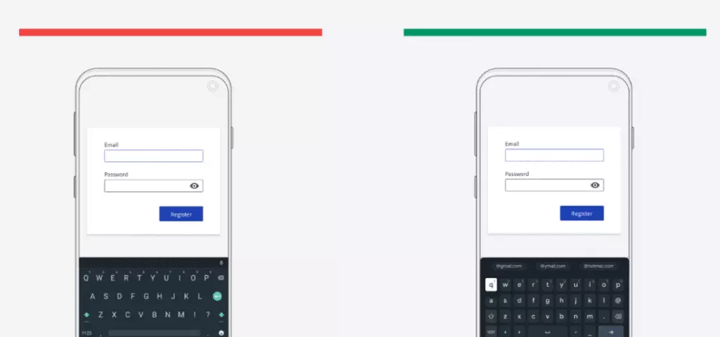 A screenshot of two mobile apps with screen keyboard open: the left one shows caps, the right one shows lower-case letters