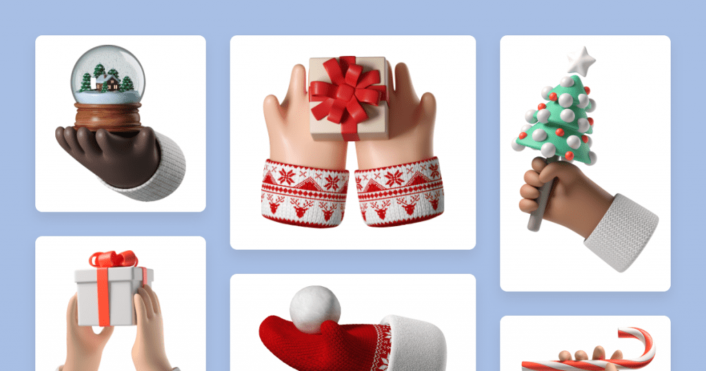 Friendly hands with gifts in 3D Hands style
