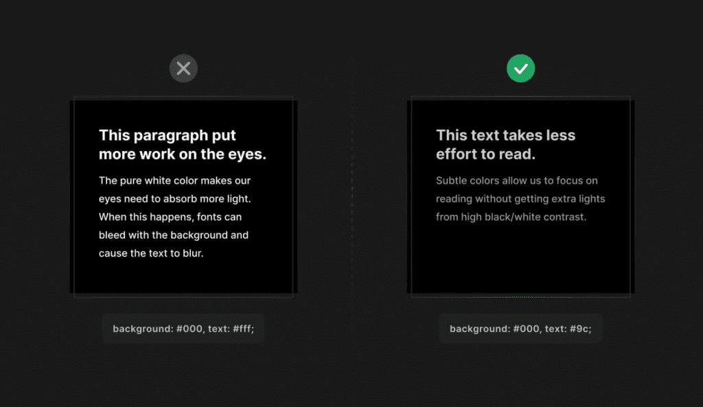 Screenshot of a tip saying to avoid or limit white on pure black colors