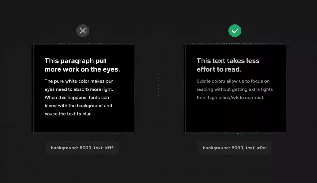 Screenshot of a tip saying to avoid or limit white on pure black colors