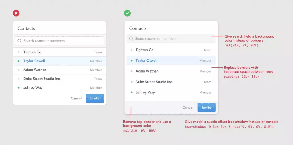 Screenshot of a tip saying that too many borders can make a design look really busy