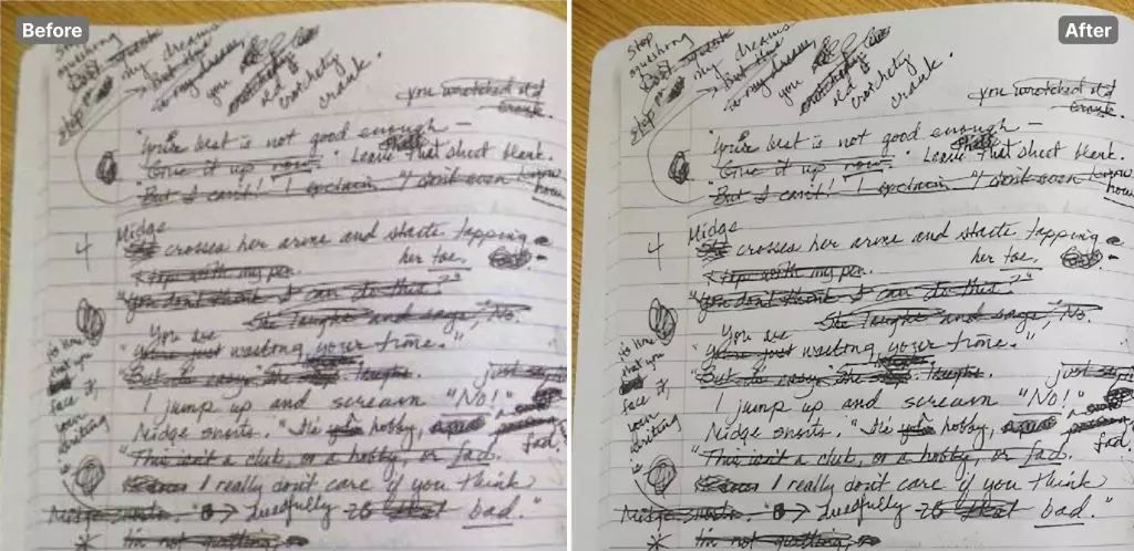 Photo of a lecture in handwriting before and after upscaling