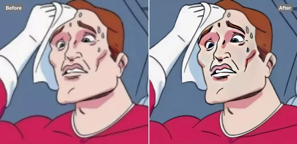 Image of a comics character before and after upscaling