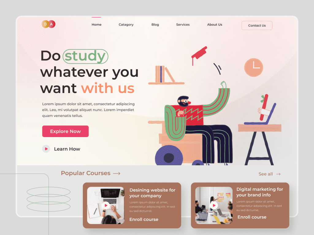 E-learning landing page by Mishu with Stripy illustrations