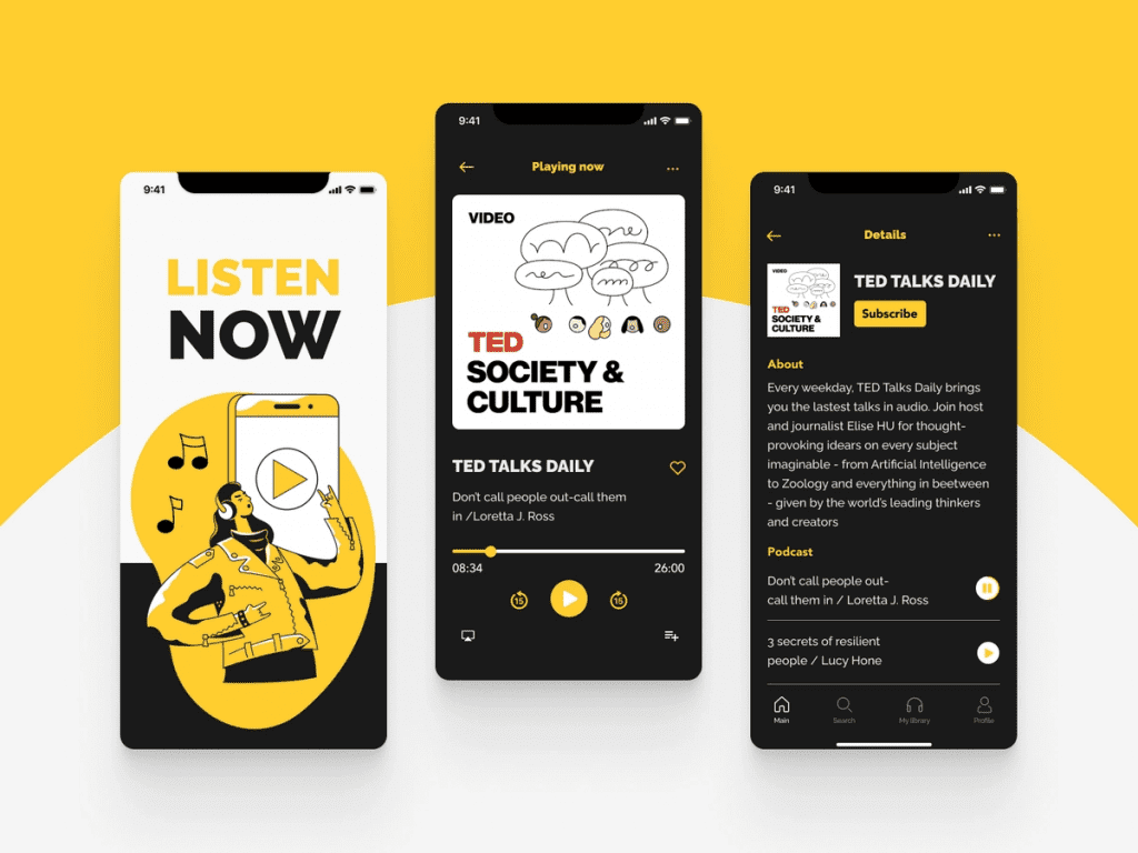 Podcast app by Daria Komendantova with Taxi illustrations 