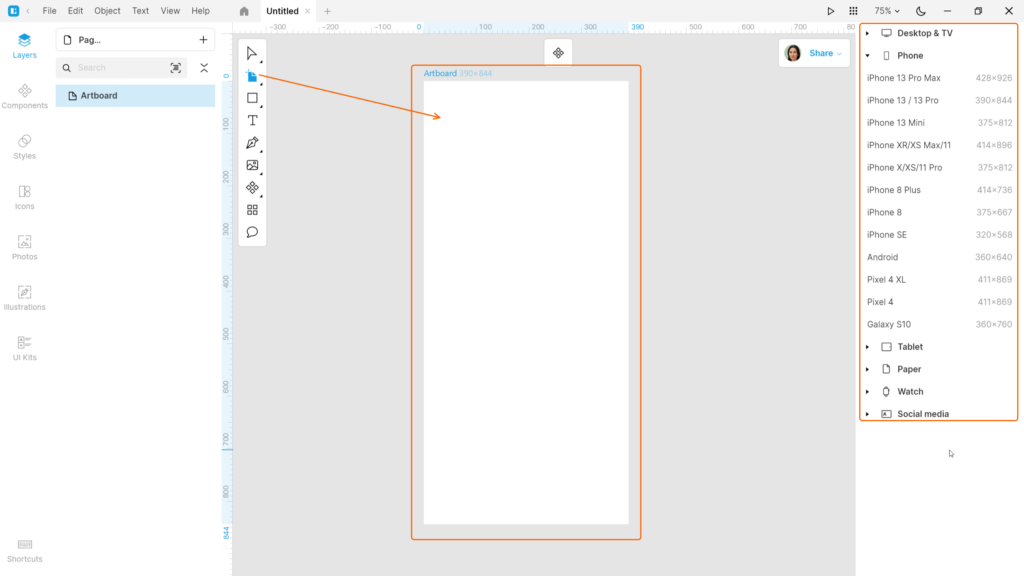 Designing a mobile app in Lunacy Step 1