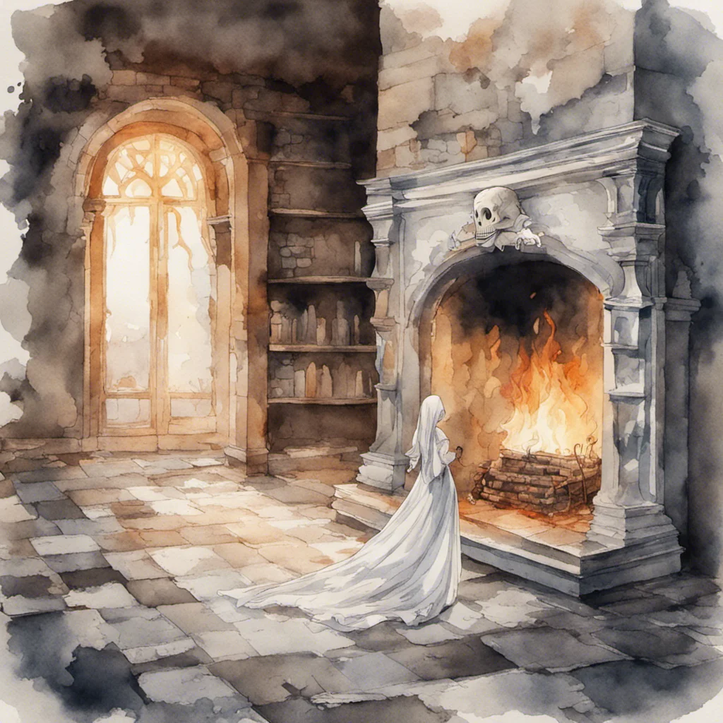 woman silhouette in a white dress in a castle near the fireplace