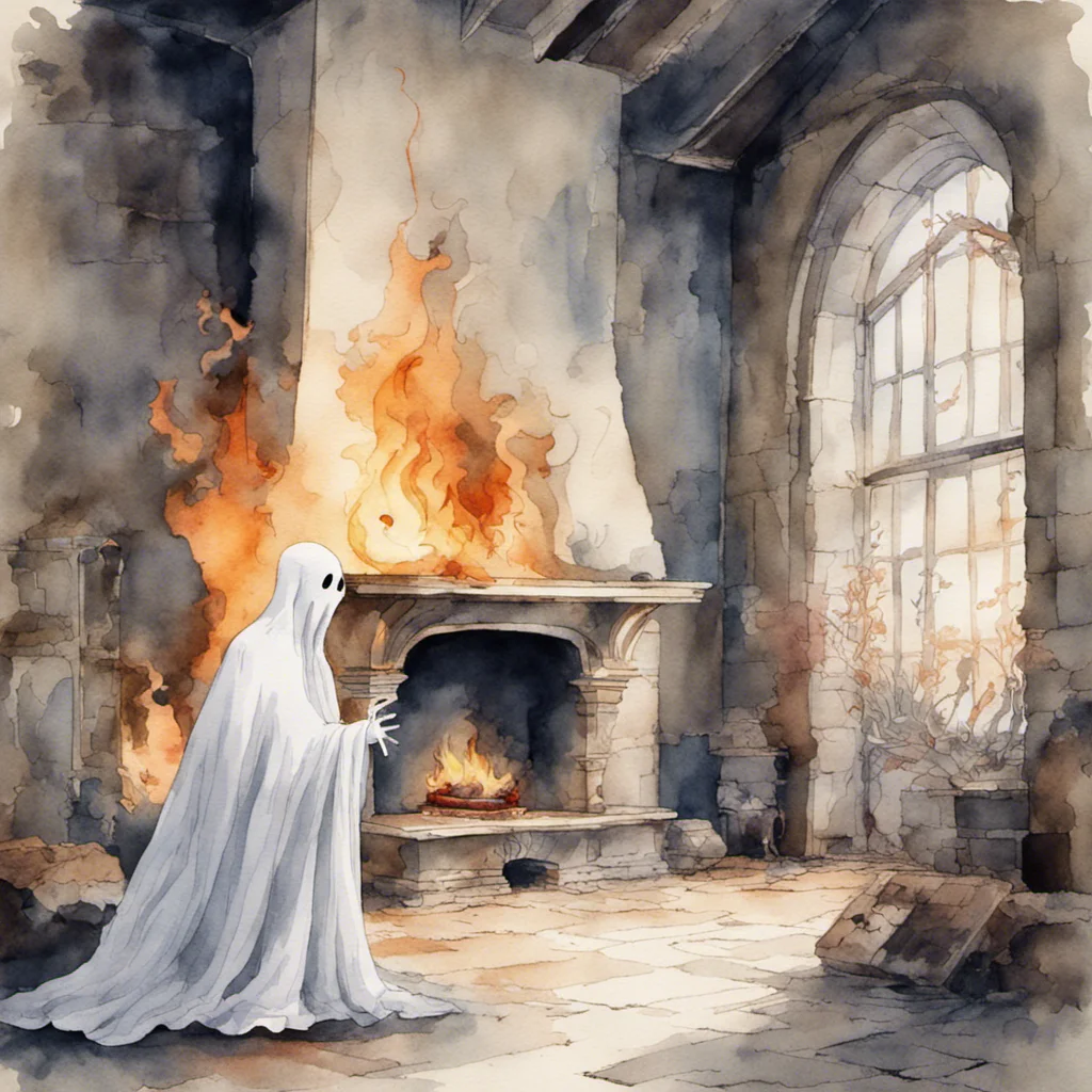 a ghost in a haunted castle on fire