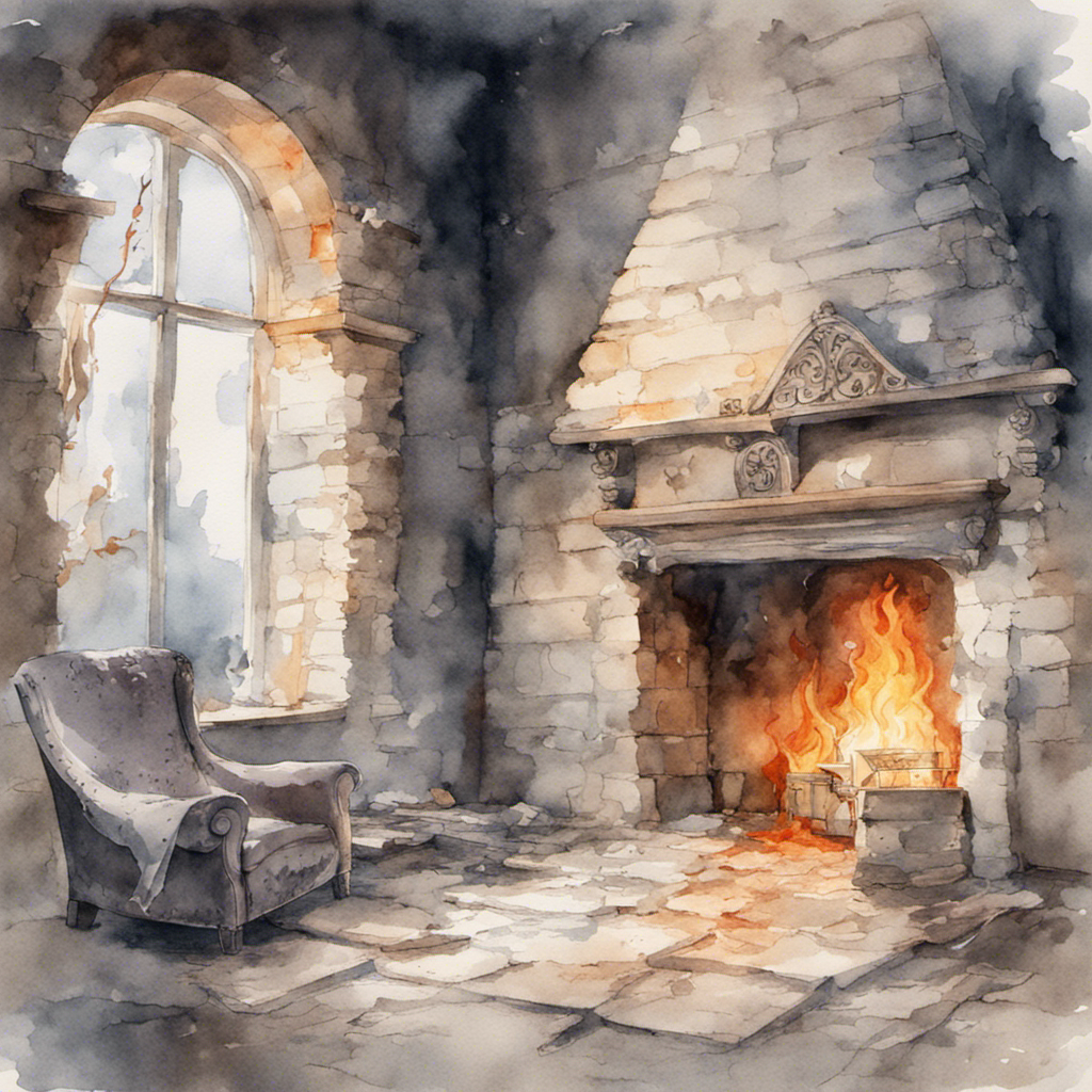 watercolor picture of an empty room with a chair and fireplace