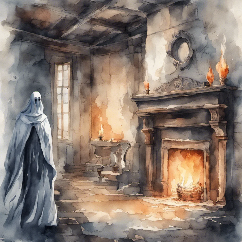 watercolor picture of a ghost in a room with a chair and fireplace