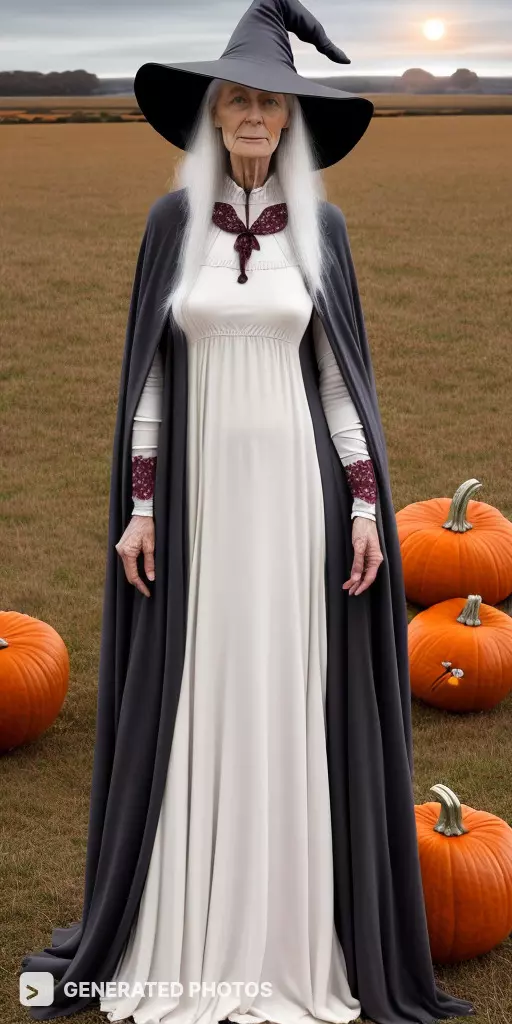 an old witch in a field with pumpkins