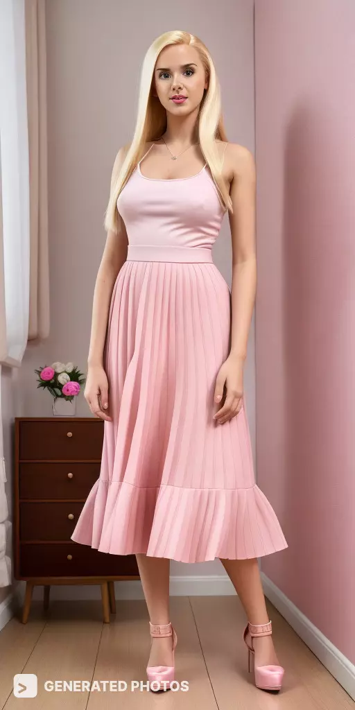 a beautiful blond woman in a pink outfit