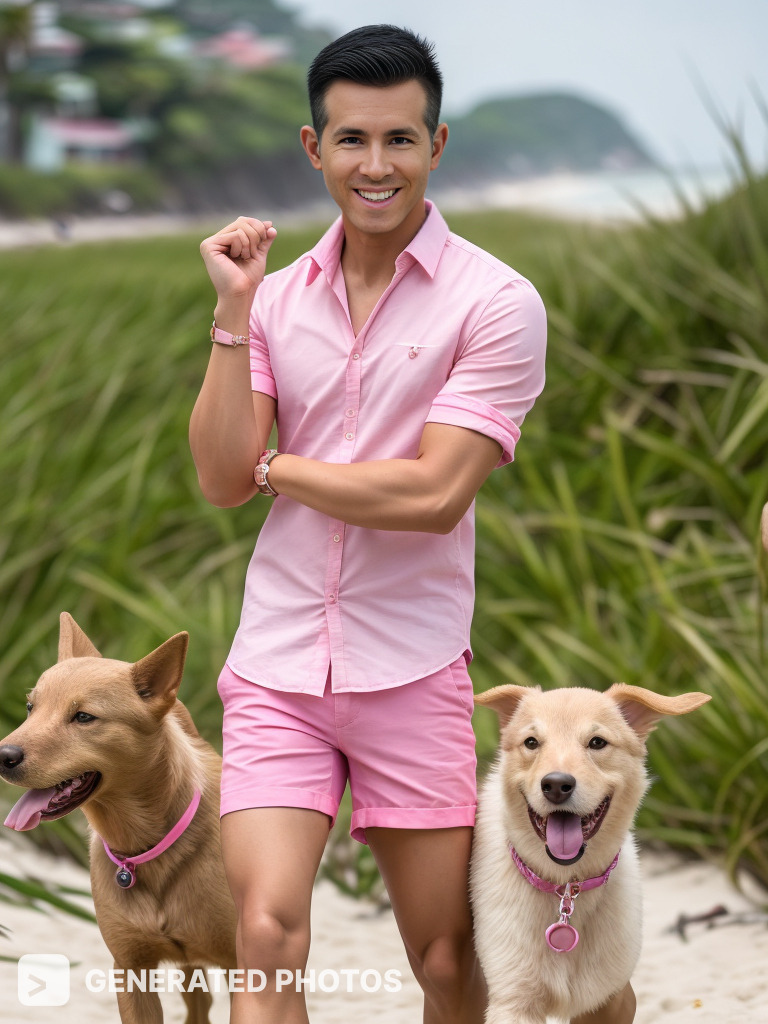 ryan gosling in a pink t-shirt and pink shorts on a beach with two dogs
