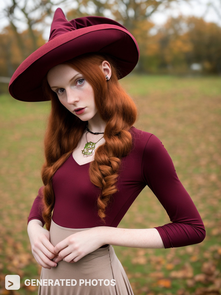 a woman with captivating red hair, elegantly adorned in a witch hat.