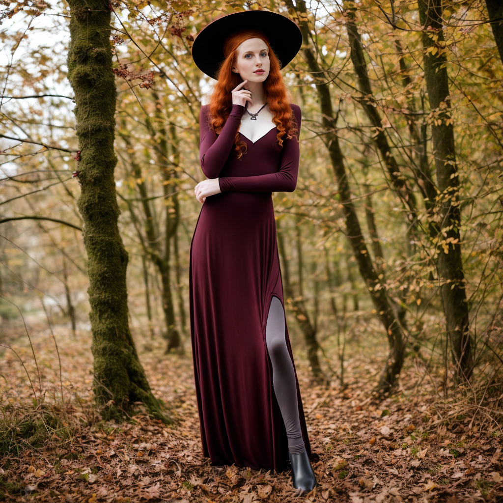 a woman wearing a beautiful long red dress and hat, standing serenely in the midst of a picturesque forest