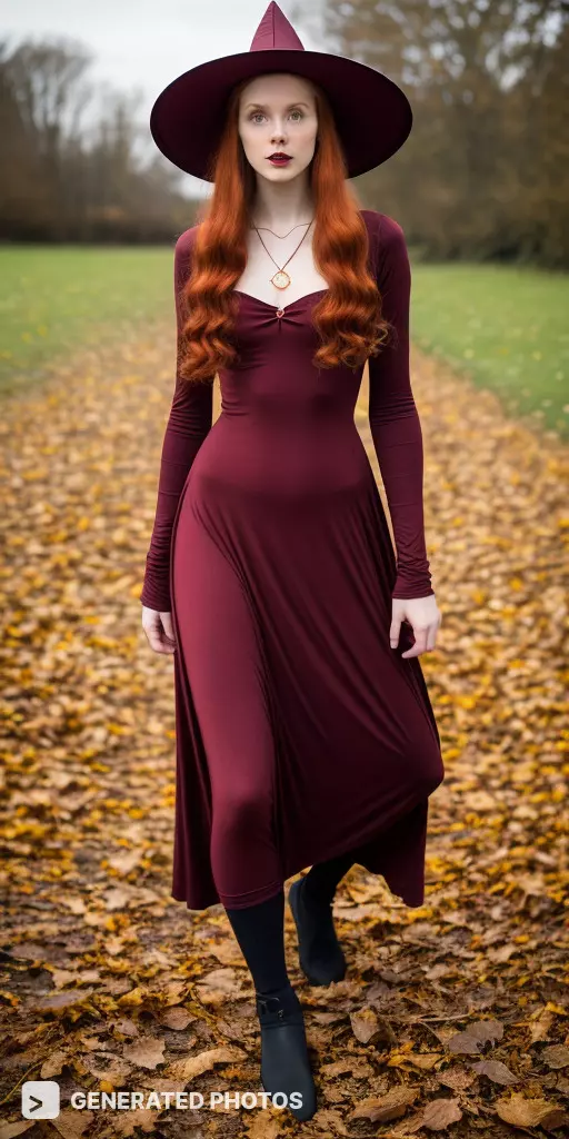 a woman in a vibrant red hat and flowing dress strolling through a field