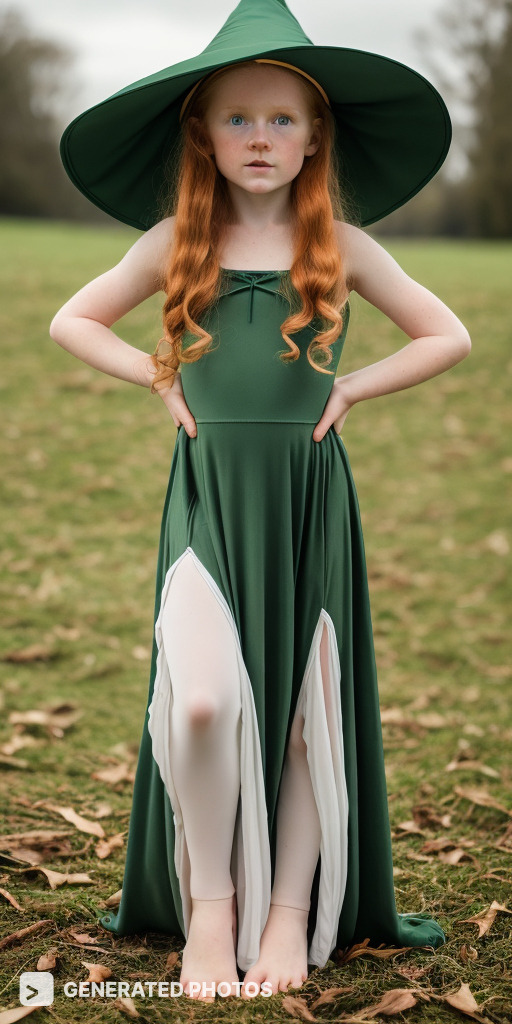 a redhead in a field in a green dress