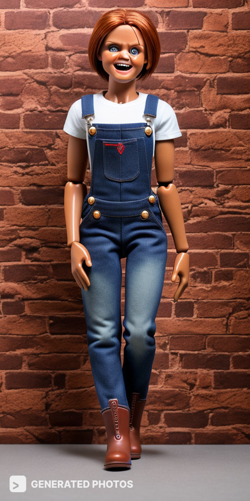 Doll wearing overalls and t-shirt