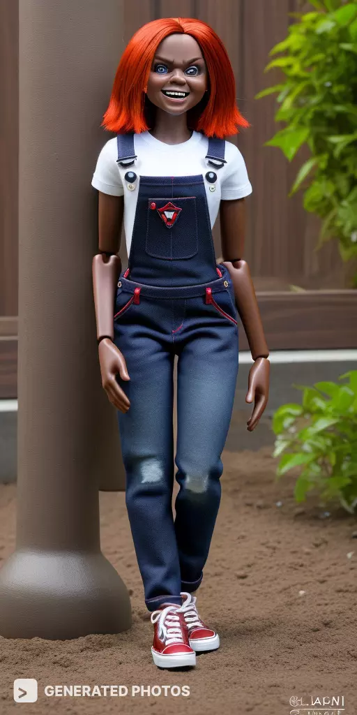 Red-haired doll in overalls standing
