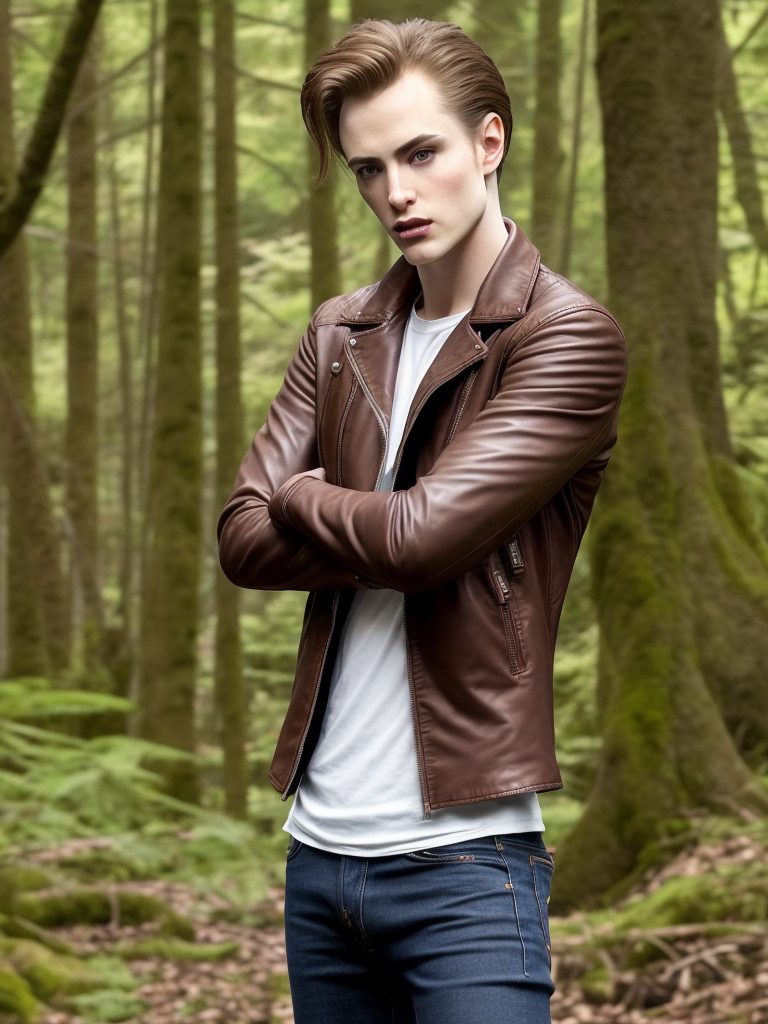 a guy in a brown leather jacket posing in the woods