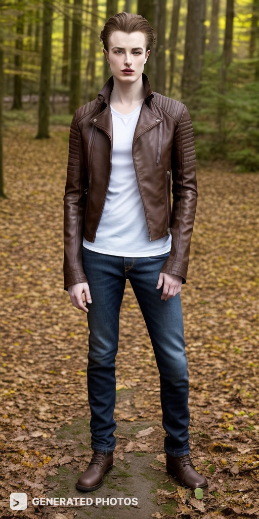 A guy wearing a cool leather jacket, posing confidently in the woods