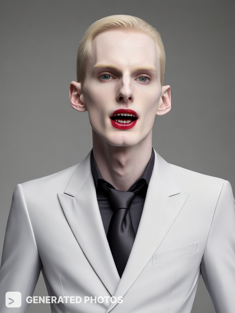 blonde guy with red lips in a white suit